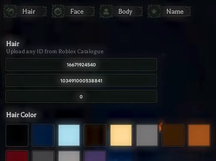 Clover RPG Hair tab with three hair ID boxes and the Hair Color palette